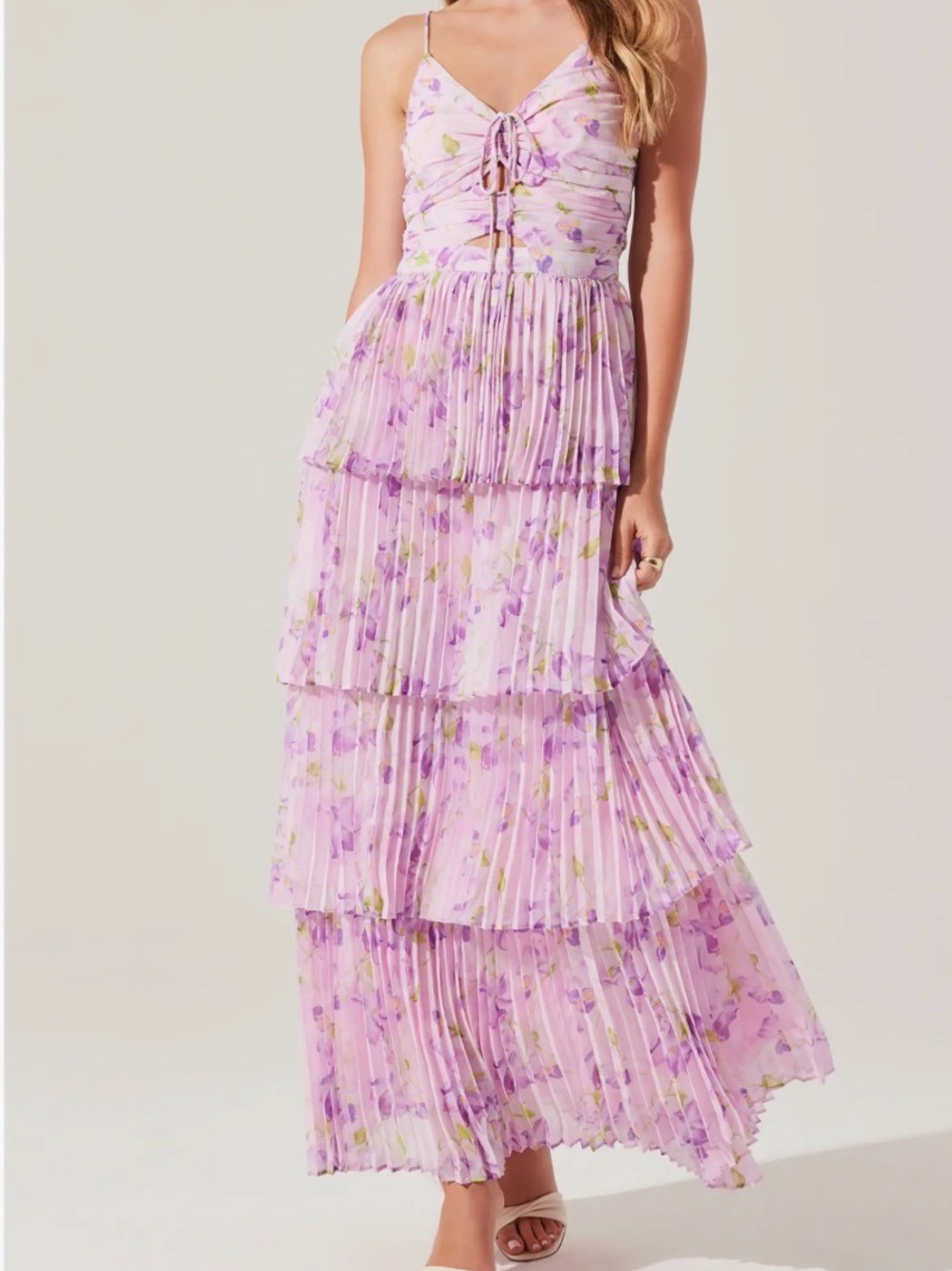 New Astr Pink Purple Floral Tiered Maxi Dress Ruched Romantic Cottagecore Large